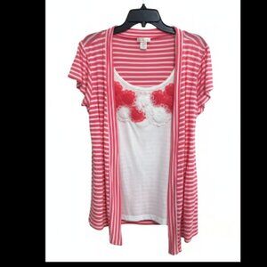 Lavish Size L Two Piece Top - Striped Shrug and Embellished Floral Cami